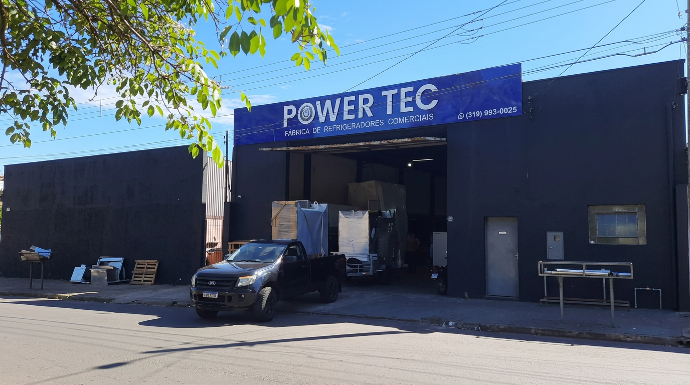 Fachada da fábrica Power Tec em Presidente Prudente, com o galpão aberto e caminhão carregado
